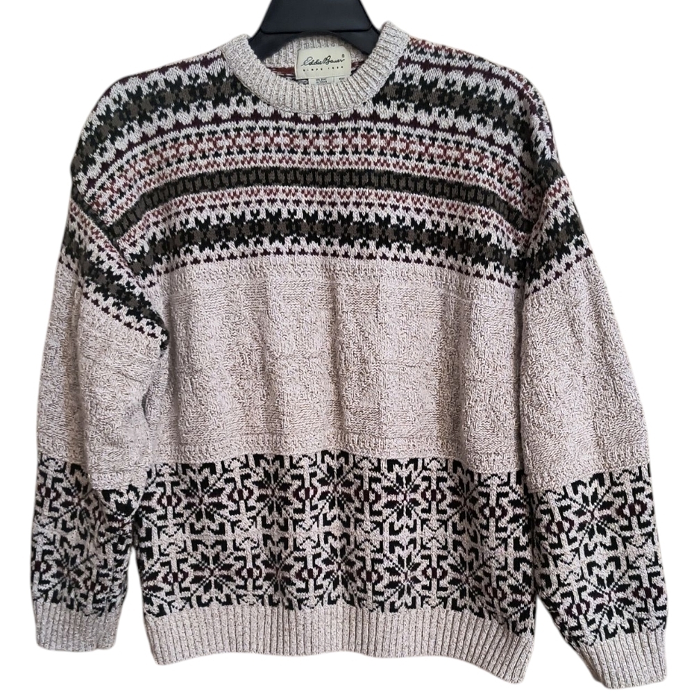 Men's Eddie Bauer 100% Cotton Tan/Green/Burgundy Knit Sweater Size XL